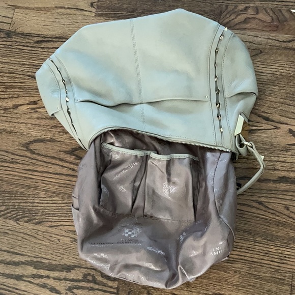 VINCE CAMUTO TAUPE & GOLD STUDDED HANDBAG - Picture 12 of 14